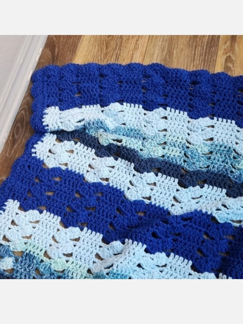 Knitted Crocheted Throw Blanket Blue Stripes